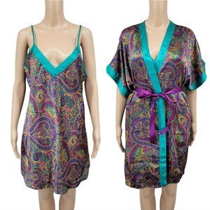 Feather Bed Vintage 90s Vibrant Paisley Satin Slip Dress and Robe Purple Teal